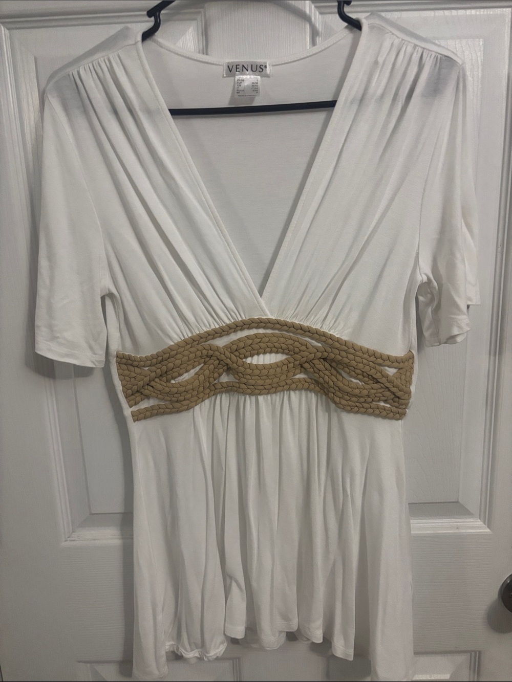 VENUS White Tunic Top with Braided Tan Waistband